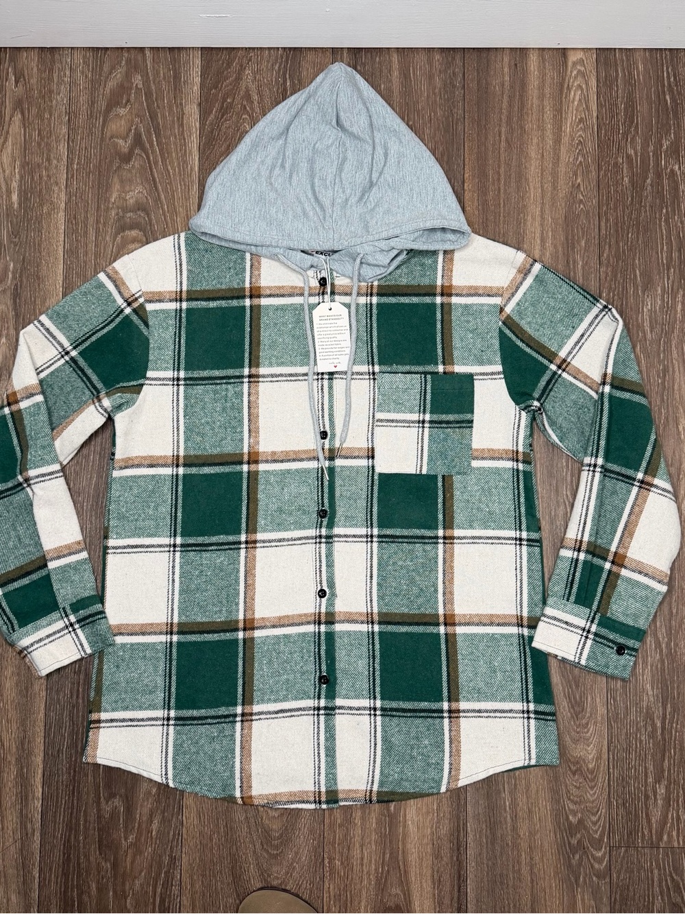 Green Plaid Hooded Button-Down Shirt Jacket